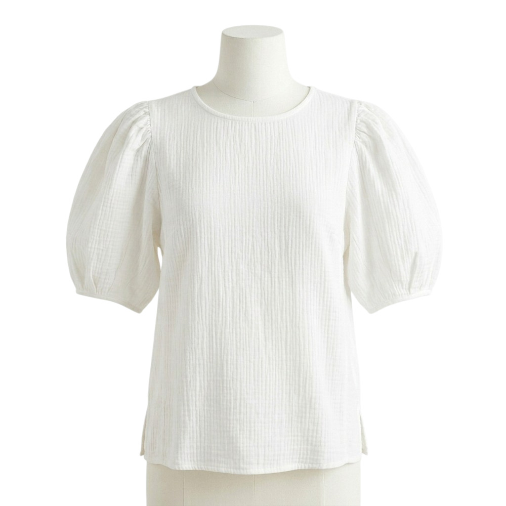 J Crew Short Puff Sleeve Back Button White Cotton Top Cotton Minimalist Medium